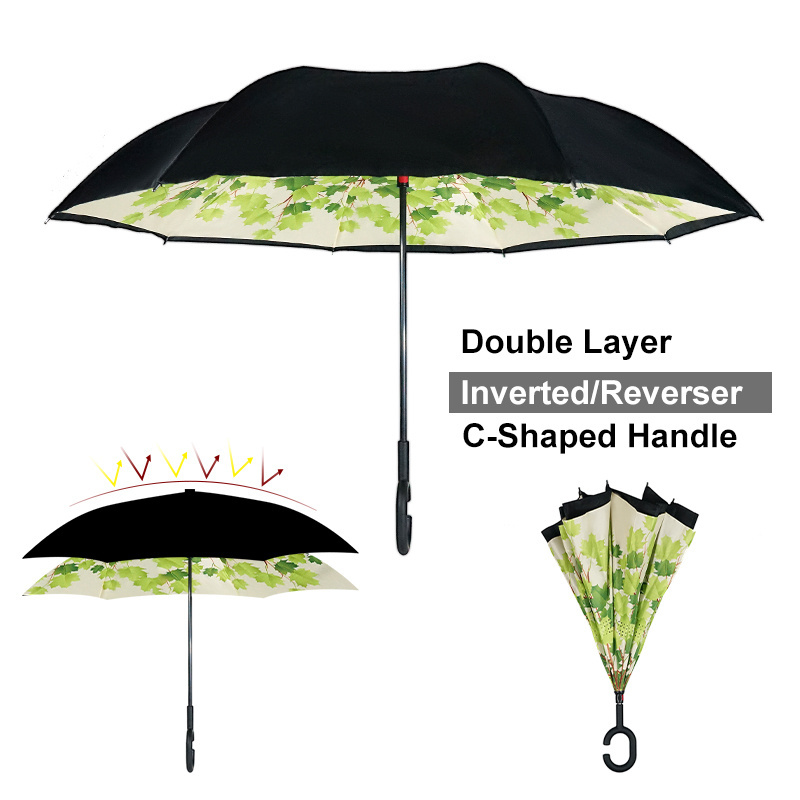 New Design Hands Free Double Layer Upside Down Reversible C Handle Umbrella For Business Gift