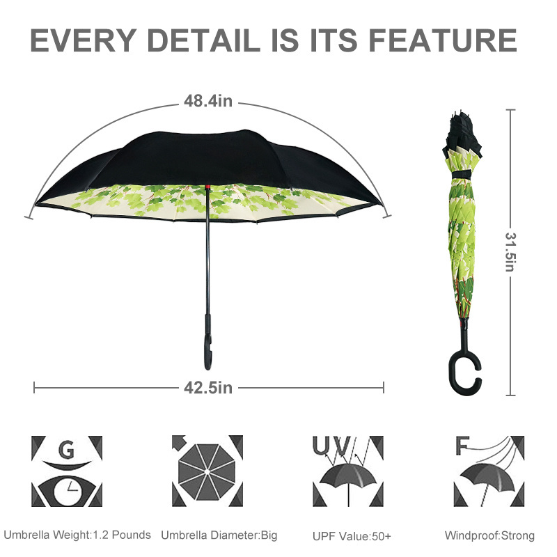 New Design Hands Free Double Layer Upside Down Reversible C Handle Umbrella For Business Gift