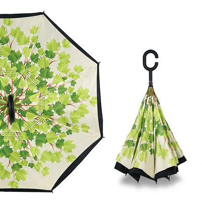 New Design Hands Free Double Layer Upside Down Reversible C Handle Umbrella For Business Gift