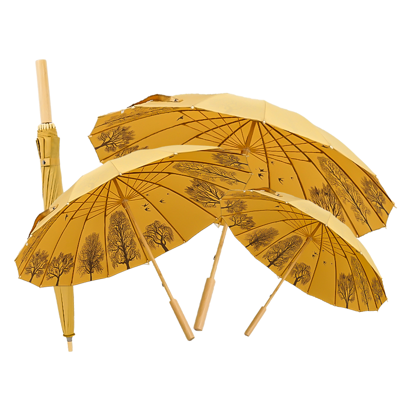 2024 Hot-selling Chinese Style Design Gift Wooden Handle  Umbrella with Tree for Adults