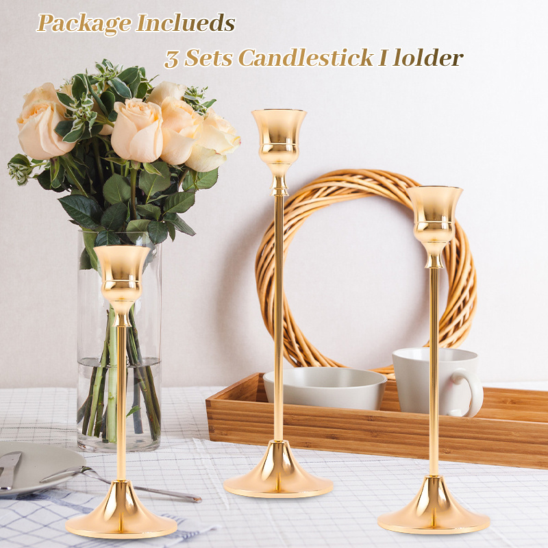 Wedding Brass Golden Taper Candlesticks Steel Metal Candle Holder Gold Stand Set