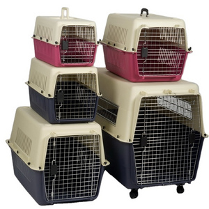 New Plastic Outdoor Iron door Pet Carrier airline transport box Travel Box  flight Cage pet kennel transport cage with wheel