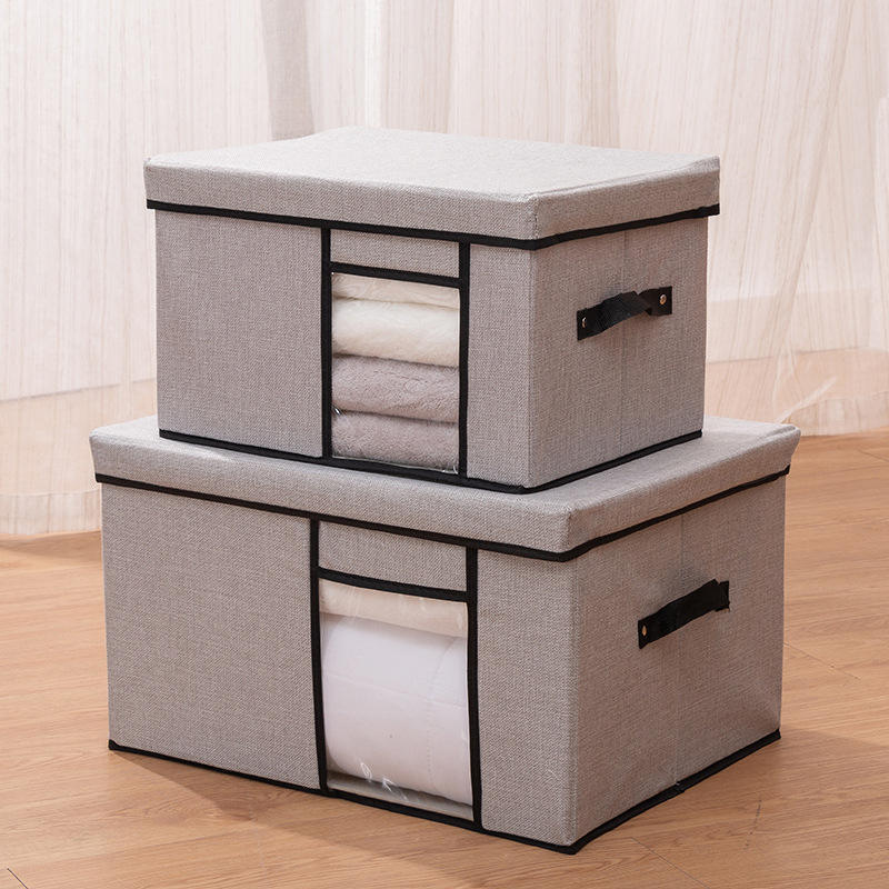 Foldable Storage Bins - Frame Storage Box Linen Fabric Stackable Clothes Container Organizer With Clear Window