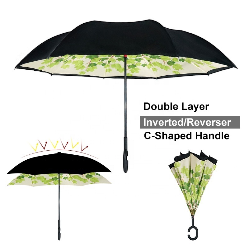 Automatic Open Inverted C Handle Reversible Windproof Umbrella Double Layer Folding Reverse Umbrella