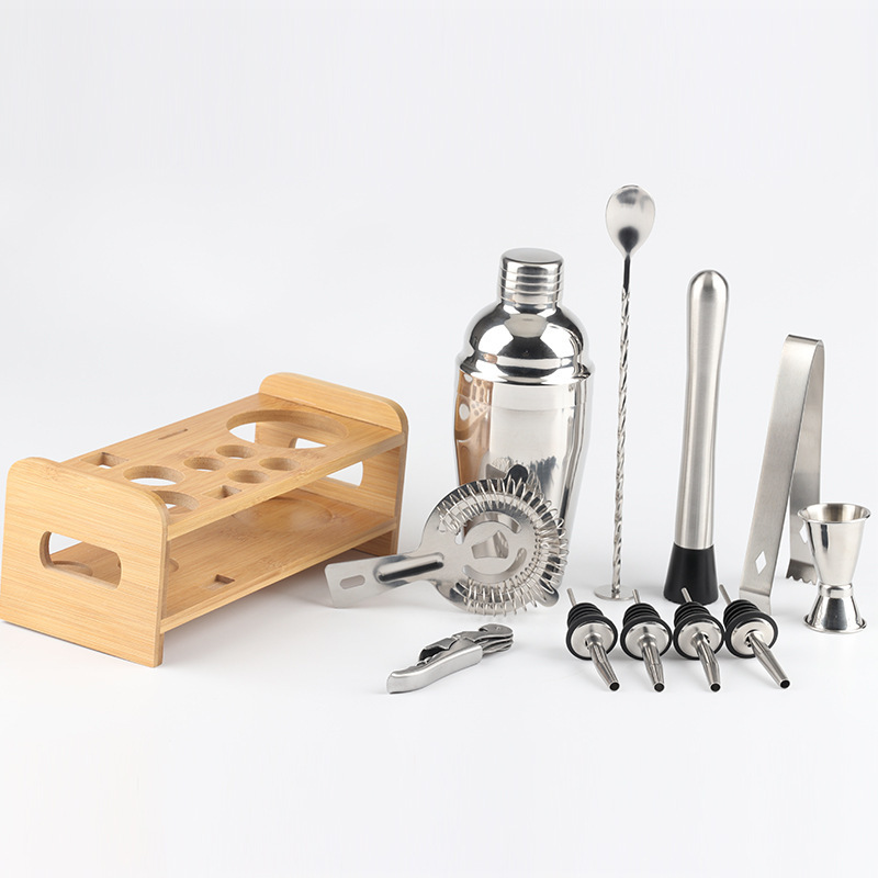 Bartender Kit and Bar Tool Set with Bamboo Base Bar stainless steel cocktail shaker Jigger twisted spoons gift set