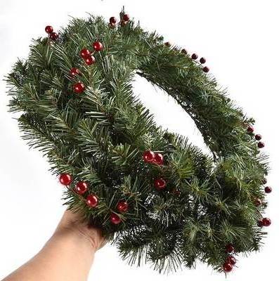 Pre-Lit Artificial Christmas Wreath Green Wintry Pine White Lights Decorated with Pine Cones Berry Clusters Frosted Branches