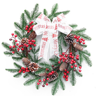 Pre-Lit Artificial Christmas Wreath Green Wintry Pine White Lights Decorated with Pine Cones Berry Clusters Frosted Branches