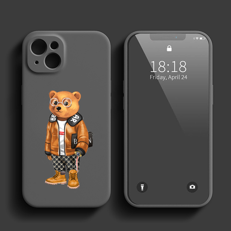 Fashion Bear Phone Case for iPhone 15 14 Pro Max 13 12 11 Pro XR X Xs 8 7 Mini Cartoon Bear Brand Silicone Cases Back Cover