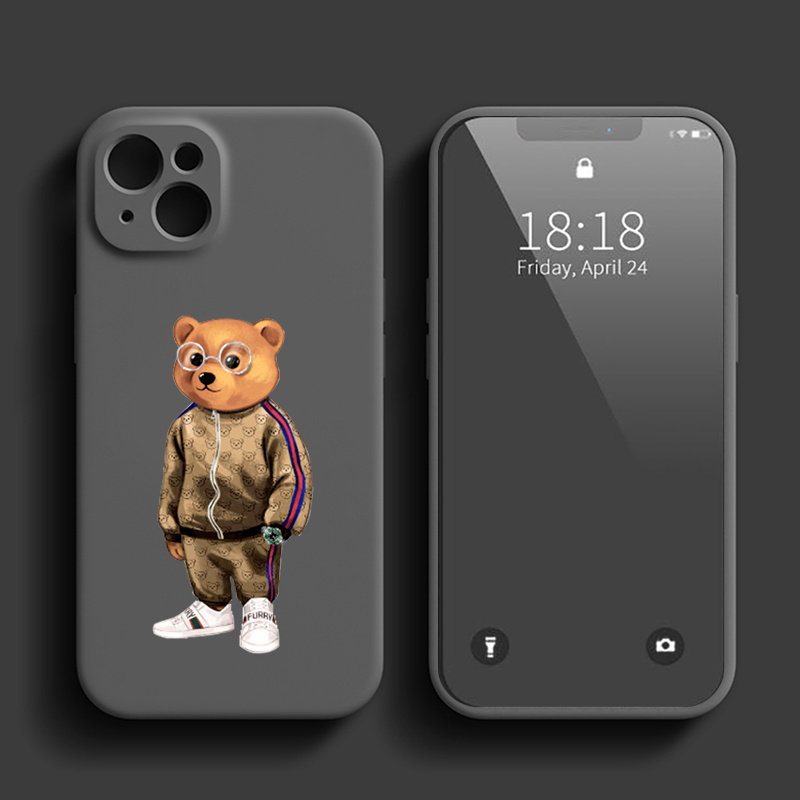 Fashion Bear Phone Case for iPhone 15 14 Pro Max 13 12 11 Pro XR X Xs 8 7 Mini Cartoon Bear Brand Silicone Cases Back Cover