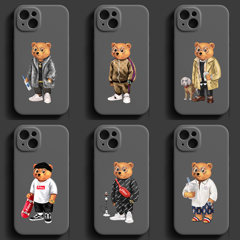 Fashion Bear Phone Case for iPhone 15 14 Pro Max 13 12 11 Pro XR X Xs 8 7 Mini Cartoon Bear Brand Silicone Cases Back Cover