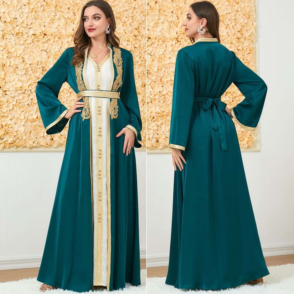 2 piece set satin silk stand collar kaftan dresses elegant women dresses long sleeve muslim turkish islamic clothing online