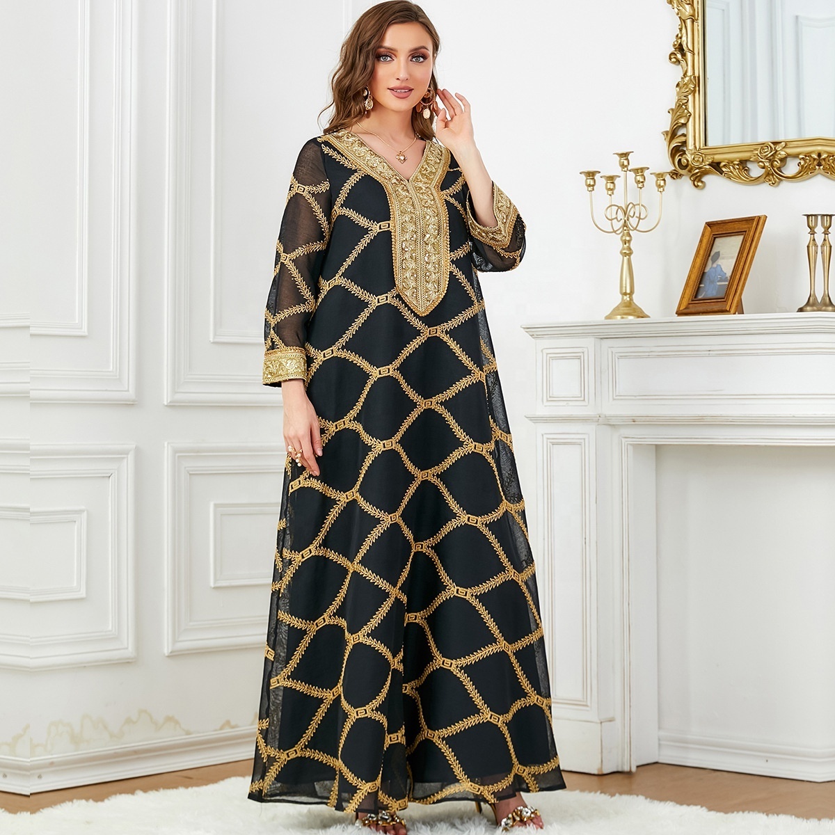 2024 islamic middle east abaya kaftan muslim qatar dubai multi color abaya with mesh yarn abaya embroidery modest dress