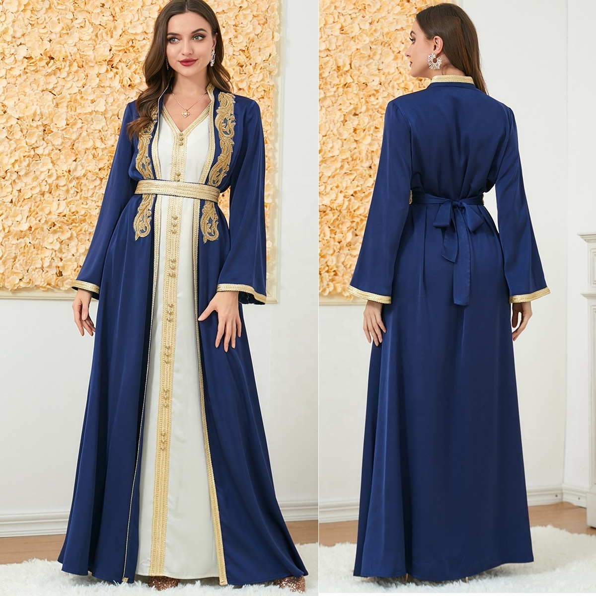 2 piece set satin silk stand collar kaftan dresses elegant women dresses long sleeve muslim turkish islamic clothing online