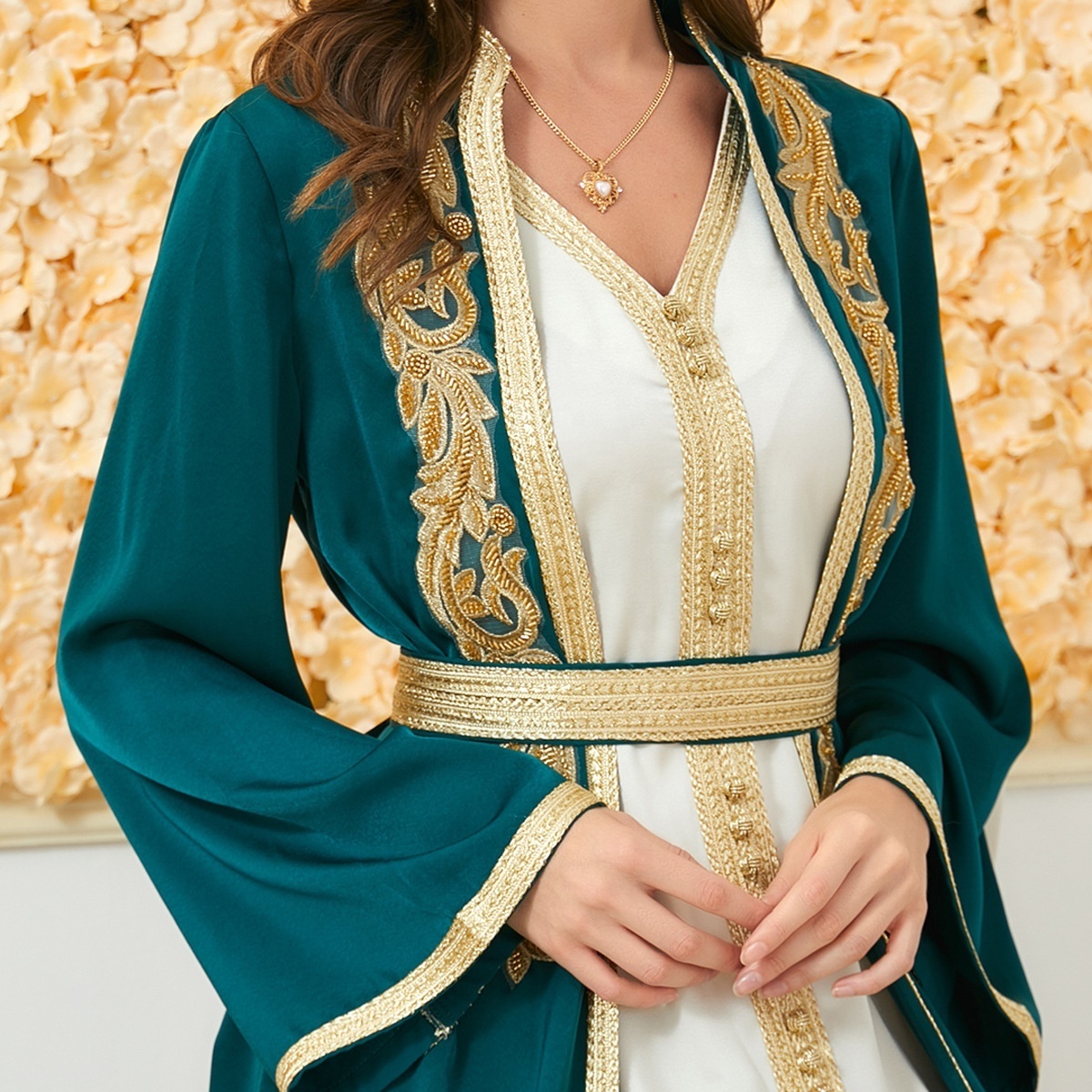 2 piece set satin silk stand collar kaftan dresses elegant women dresses long sleeve muslim turkish islamic clothing online