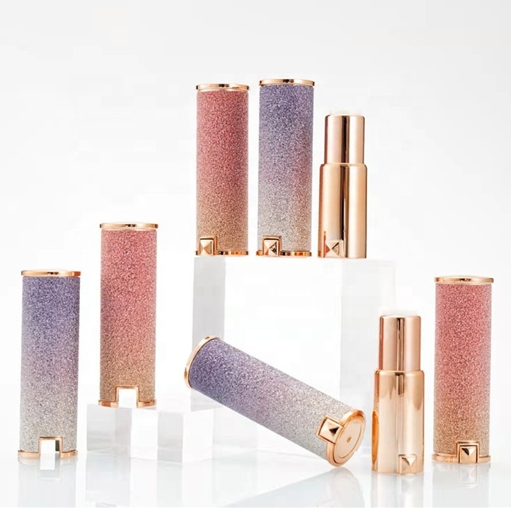 Hot sale stock 2023 empty luxury round pink glitter lip stick case rhinestone rose gold lipstick container tubes 12.1mm