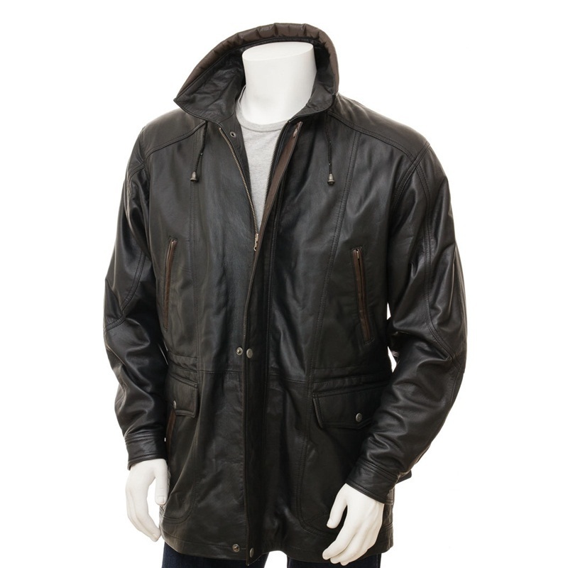 Men's Designer Black Leather Pea Coat Trench Coat