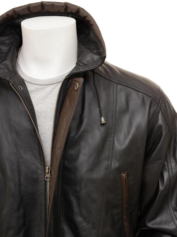 Men's Designer Black Leather Pea Coat Trench Coat