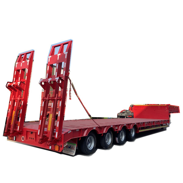 Factory price 80 tons lowbed semi trailer 4 axle truck low flatbed trailer with Mechanical ladder