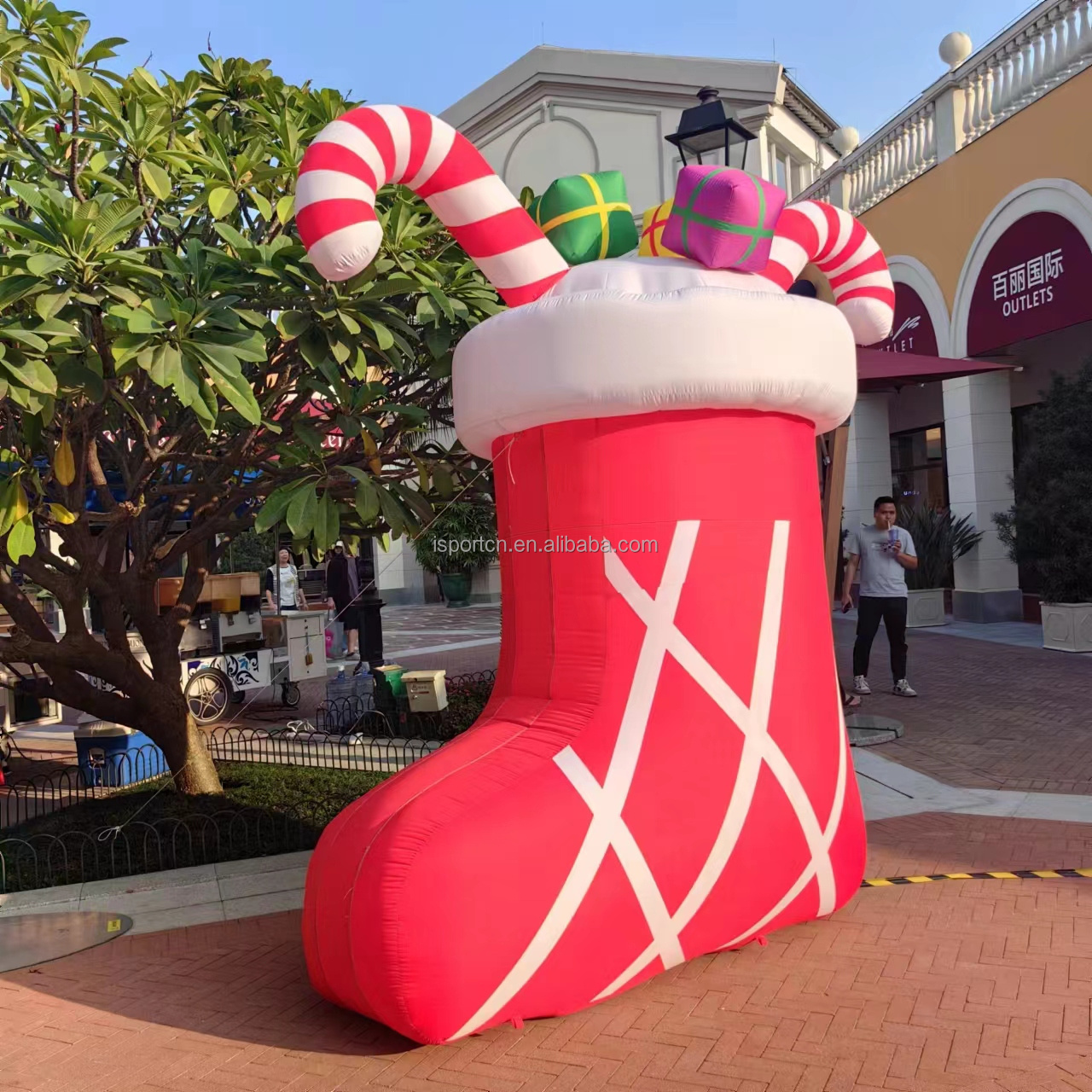 Hot Sale Giant Red Inflatable Christmas Sock With Candy Cane Christmas Boot Air Balloon