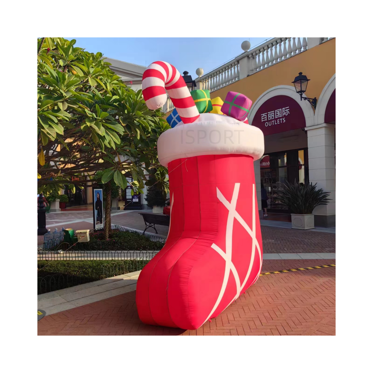 Hot Sale Giant Red Inflatable Christmas Sock With Candy Cane Christmas Boot Air Balloon