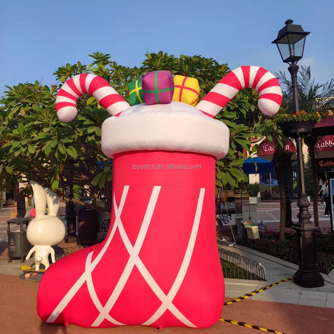 Hot Sale Giant Red Inflatable Christmas Sock With Candy Cane Christmas Boot Air Balloon