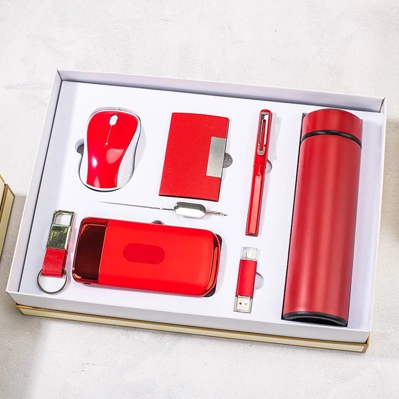 Hot Gift set Vacuum Cup + Flash Drive +Pen + Power Bank + Key Chain + Card Holder + Mouse + Bookmark Wedding Giveaway Gift set