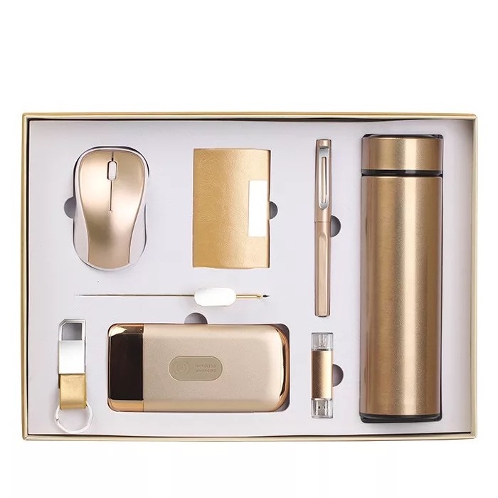 Hot Gift set Vacuum Cup + Flash Drive +Pen + Power Bank + Key Chain + Card Holder + Mouse + Bookmark Wedding Giveaway Gift set