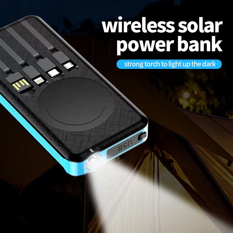 Solar Panel Power Bank Case With Built In Cable Logo Customize Support Wireless Charging Type-C Powerbank For Mobile Phones