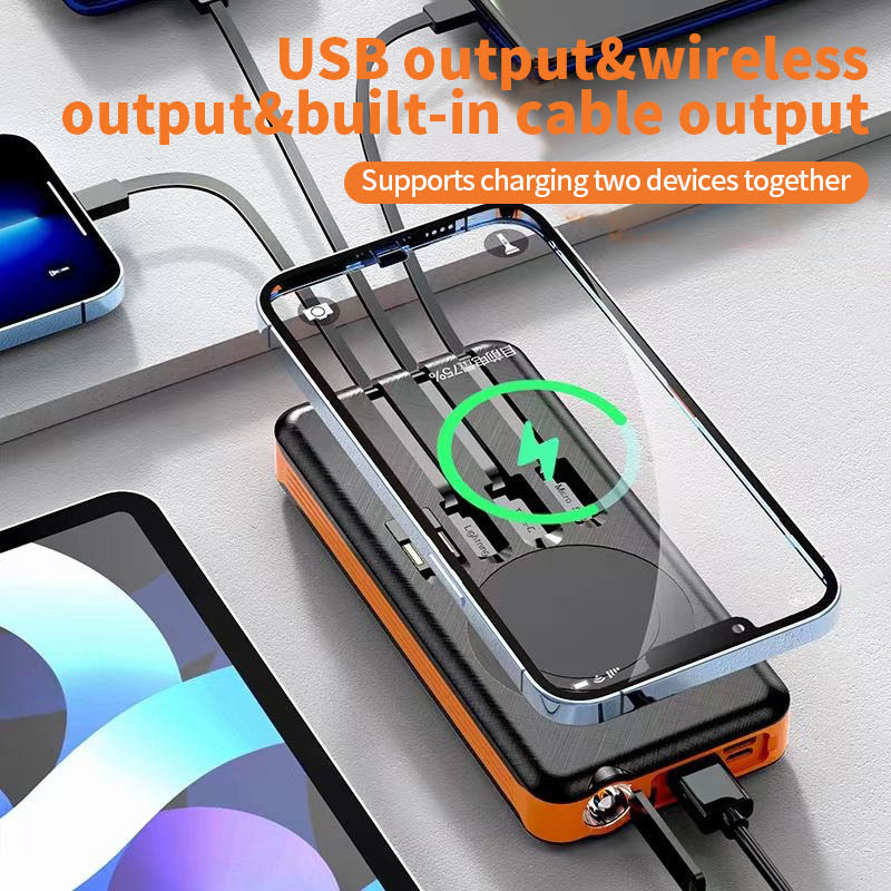 Solar Panel Power Bank Case With Built In Cable Logo Customize Support Wireless Charging Type-C Powerbank For Mobile Phones