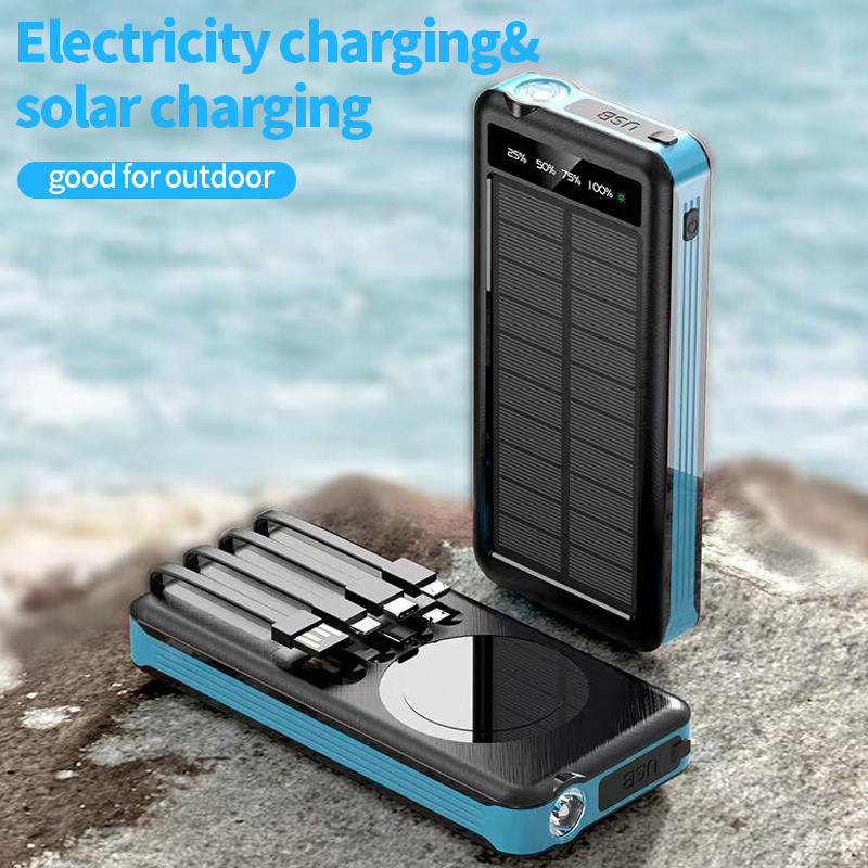 Solar Panel Power Bank Case With Built In Cable Logo Customize Support Wireless Charging Type-C Powerbank For Mobile Phones