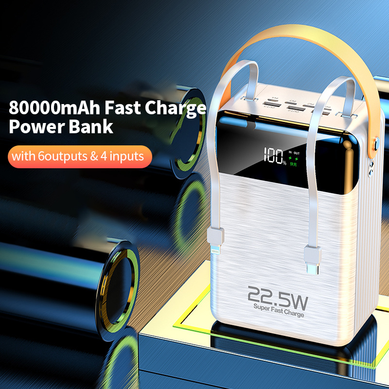 80000mah Power Bank With Cable Pd 22.5w Fast Charger 6 Output Portable Battery Power Station With Led Lamp