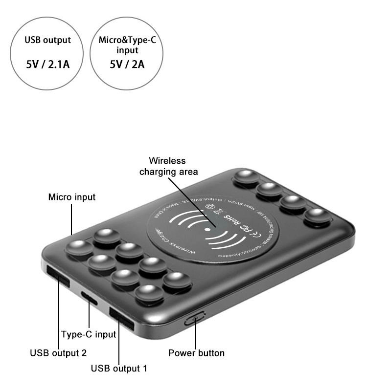 2021 Original Design Mini Powerbank Smart 5000mAh Qi Wireless Suction Power Bank with Type-C input