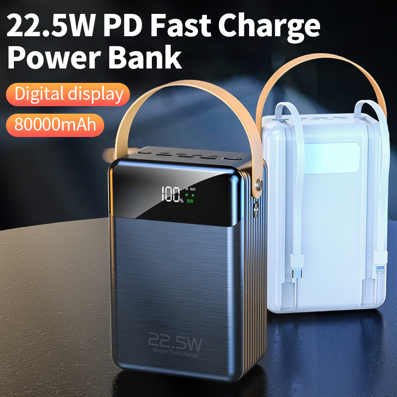 80000mah Power Bank With Cable Pd 22.5w Fast Charger 6 Output Portable Battery Power Station With Led Lamp