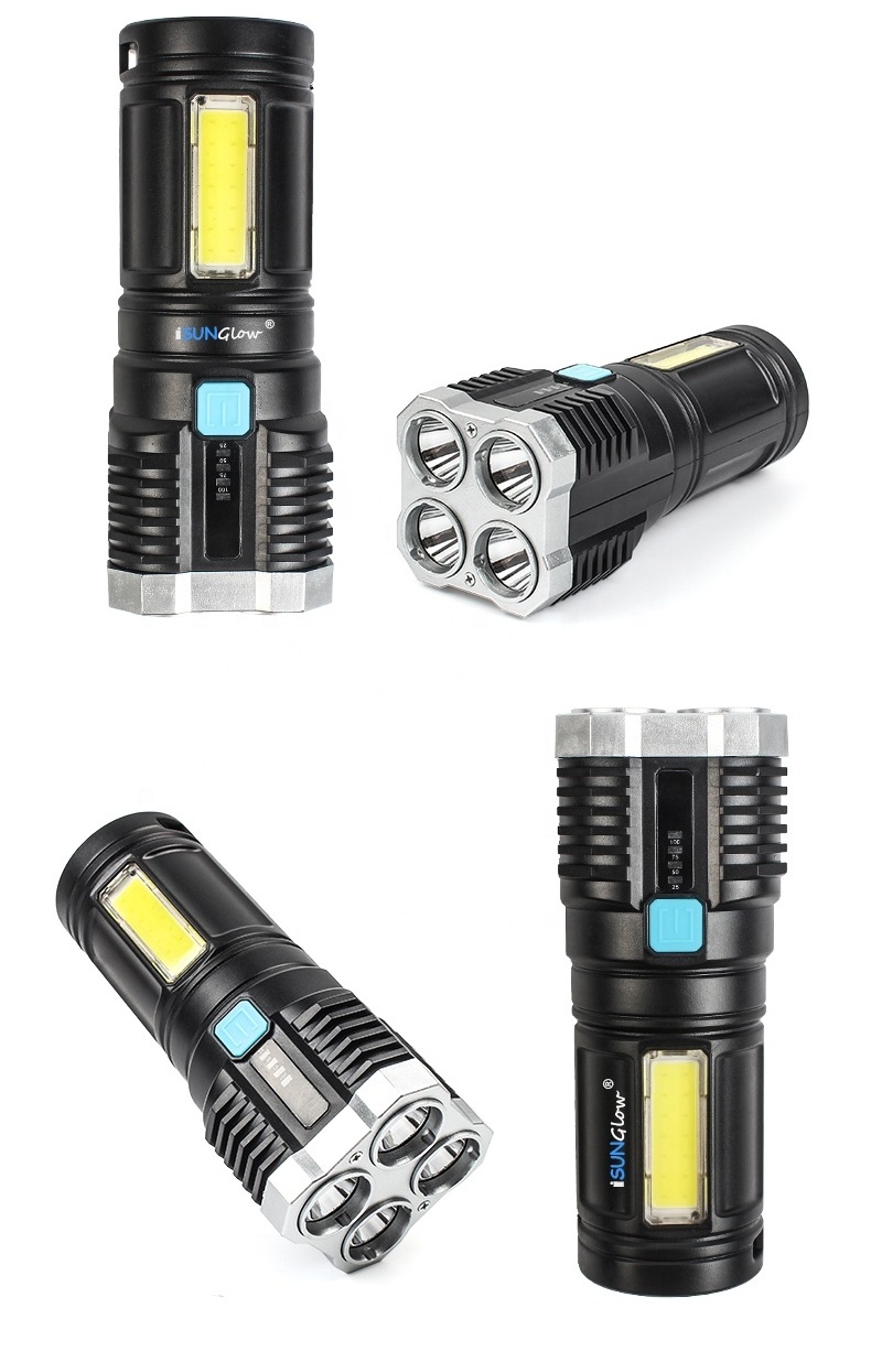 Outdoor Sports Hiking Camping Climbing Riding LED Flashlight Torch 4 LEDs Rechargeable Battery Tactical Flashlight with COB