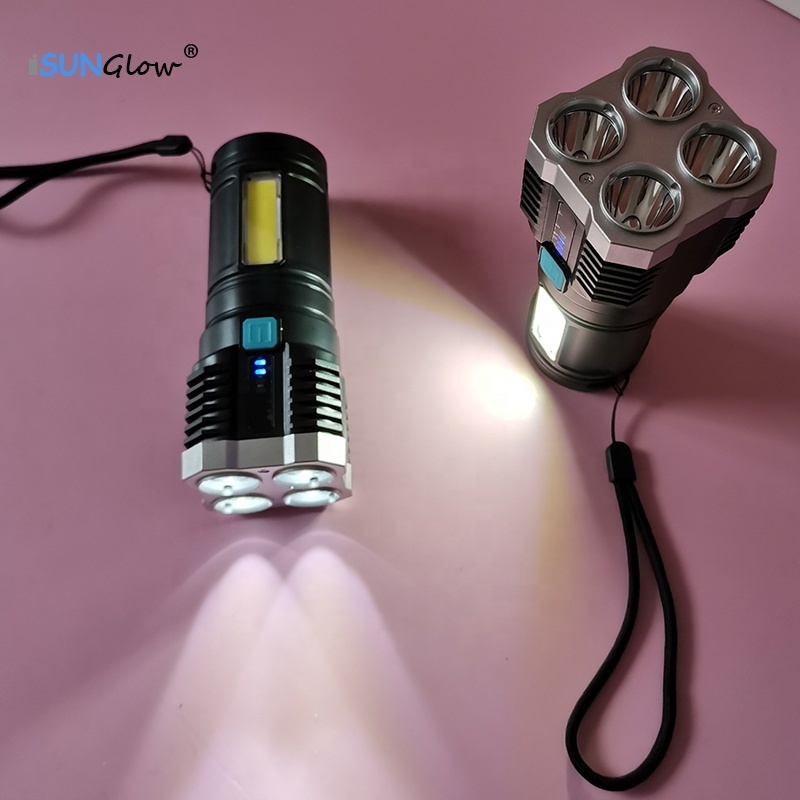 Outdoor Sports Hiking Camping Climbing Riding LED Flashlight Torch 4 LEDs Rechargeable Battery Tactical Flashlight with COB