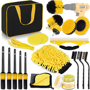 20PCS Professional and customized car care wash interior cleaning kit detailing drill brush set yellow auto wash set