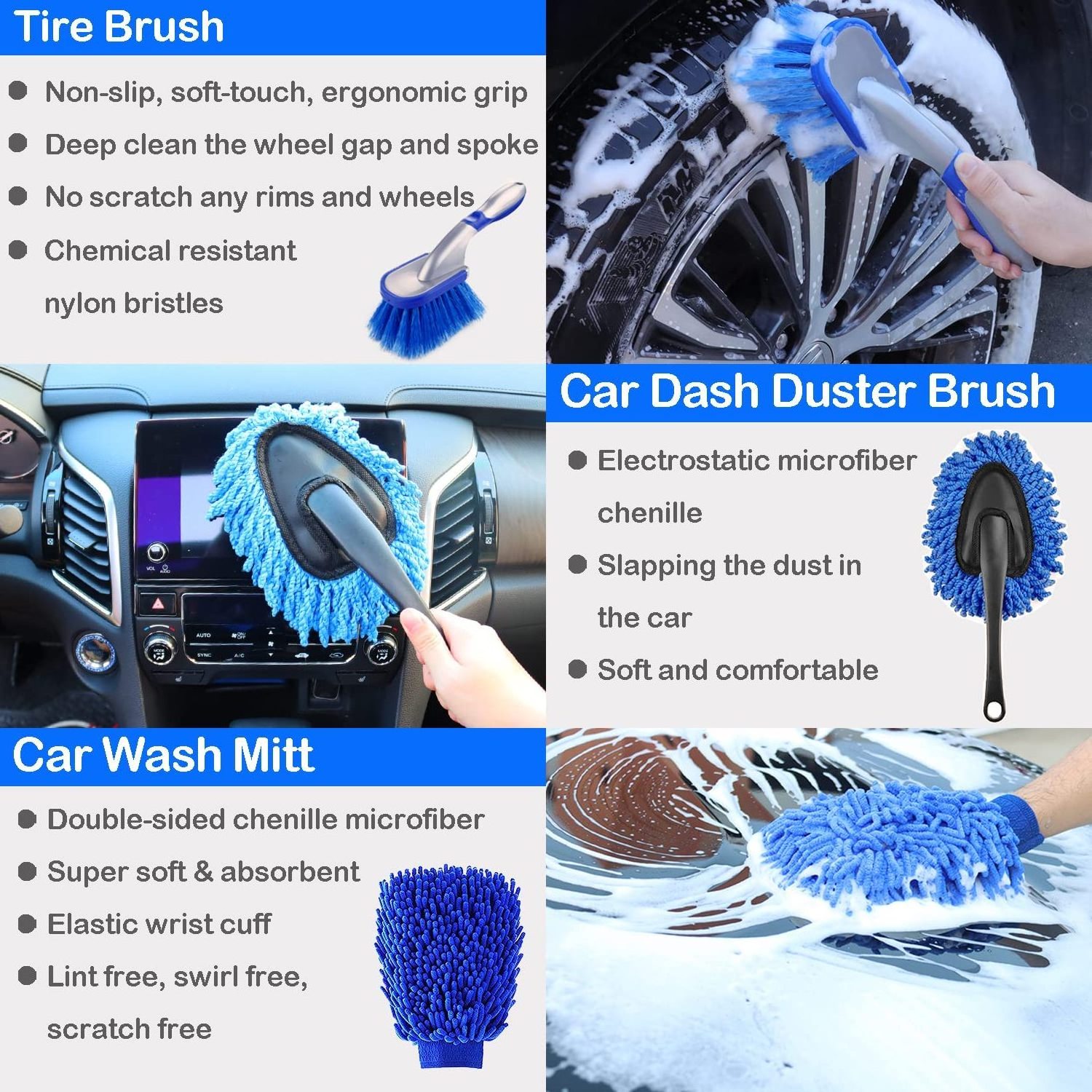 26 Pcs Professional and customized blue car care wash interior cleaning kit detailing brush set microfiber cleaning tools kit