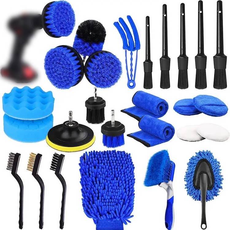 26 Pcs Professional and customized blue car care wash interior cleaning kit detailing brush set microfiber cleaning tools kit