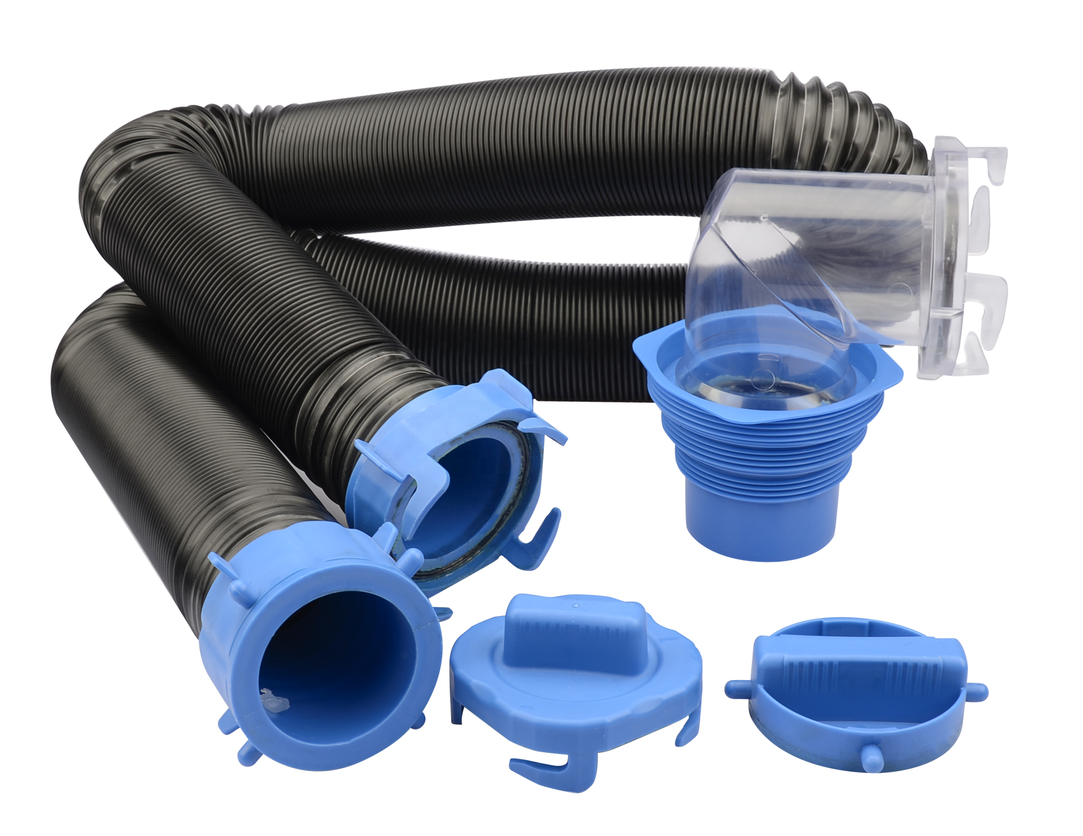 J01 15FT Heavy Duty RV Sewer Hose Kit, Flexible Black Water Hose with Swivel Transparent Elbow and 4-in-1 Dump Station Fitting