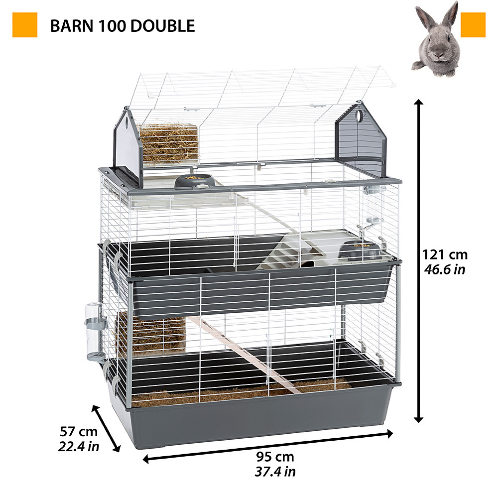 Ferplast BARN 100 DOUBLE Cage for Rabbits and Small Animals with 3 Floors, Opening Roof, Accessories and Stickers Included