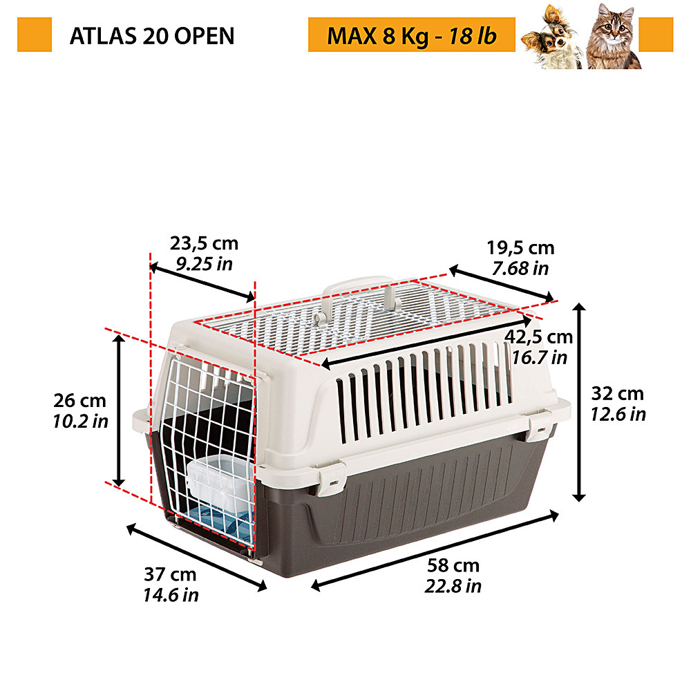 Ferplast Carrier for Small Dogs and Cats max 8 Kg ATLAS 20 OPEN with Cushion and Bowl, Opening Roof