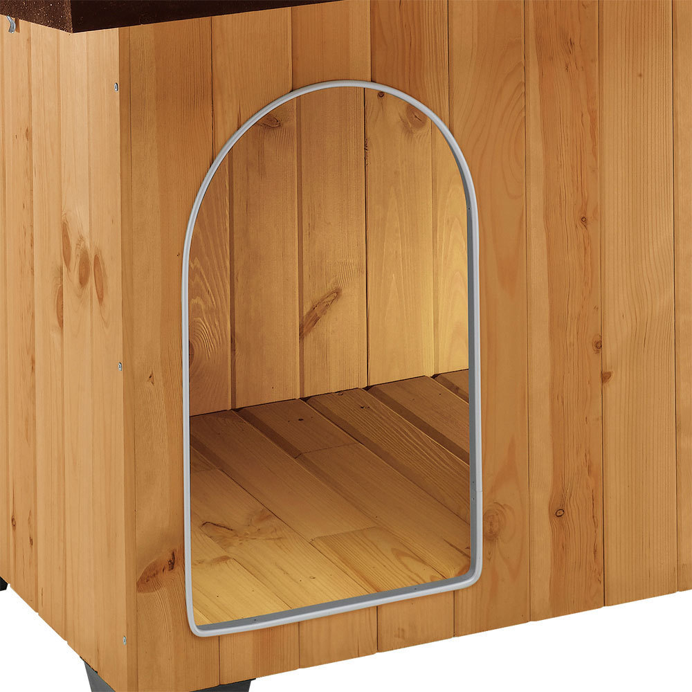 Ferplast Dog kennel house BAITA 120 in FSC wood, Insulating plastic feet, Aluminium chew-proof door, Opening roof