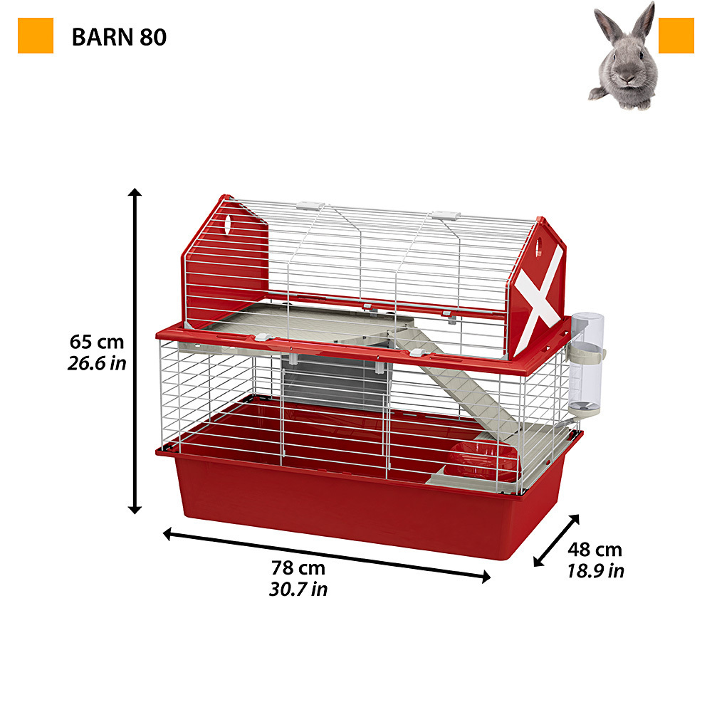 Ferplast Large rabbit cage BARN 80 pet home, American Barn Setting, Fully opening roof, Accessories and stickers included,  Grey