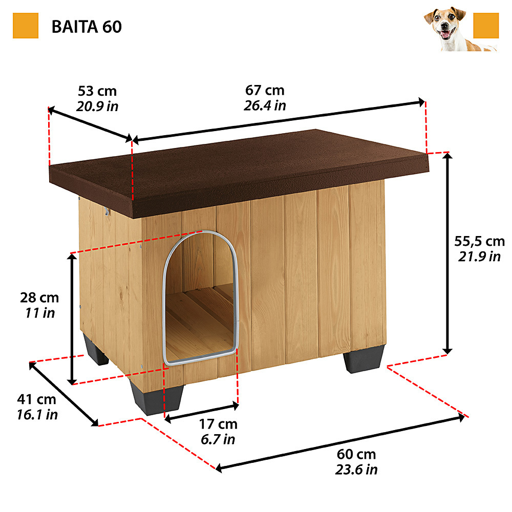 Ferplast Outdoor dog kennel BAITA 60 in FSC wood, Insulating plastic feet, Aluminium chew-proof door, Opening roof