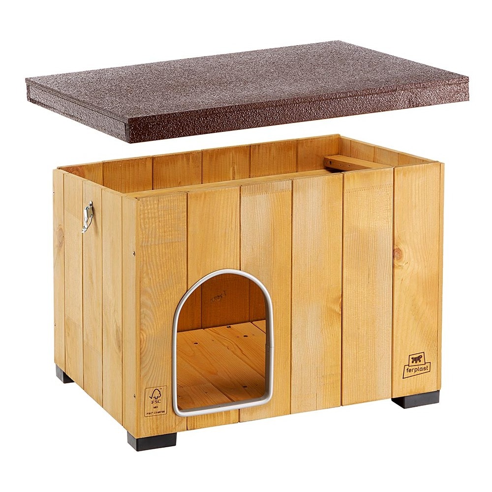 Ferplast Dog kennel house BAITA 50 in FSC wood, Insulating plastic feet, Aluminium chew-proof door, Opening roof