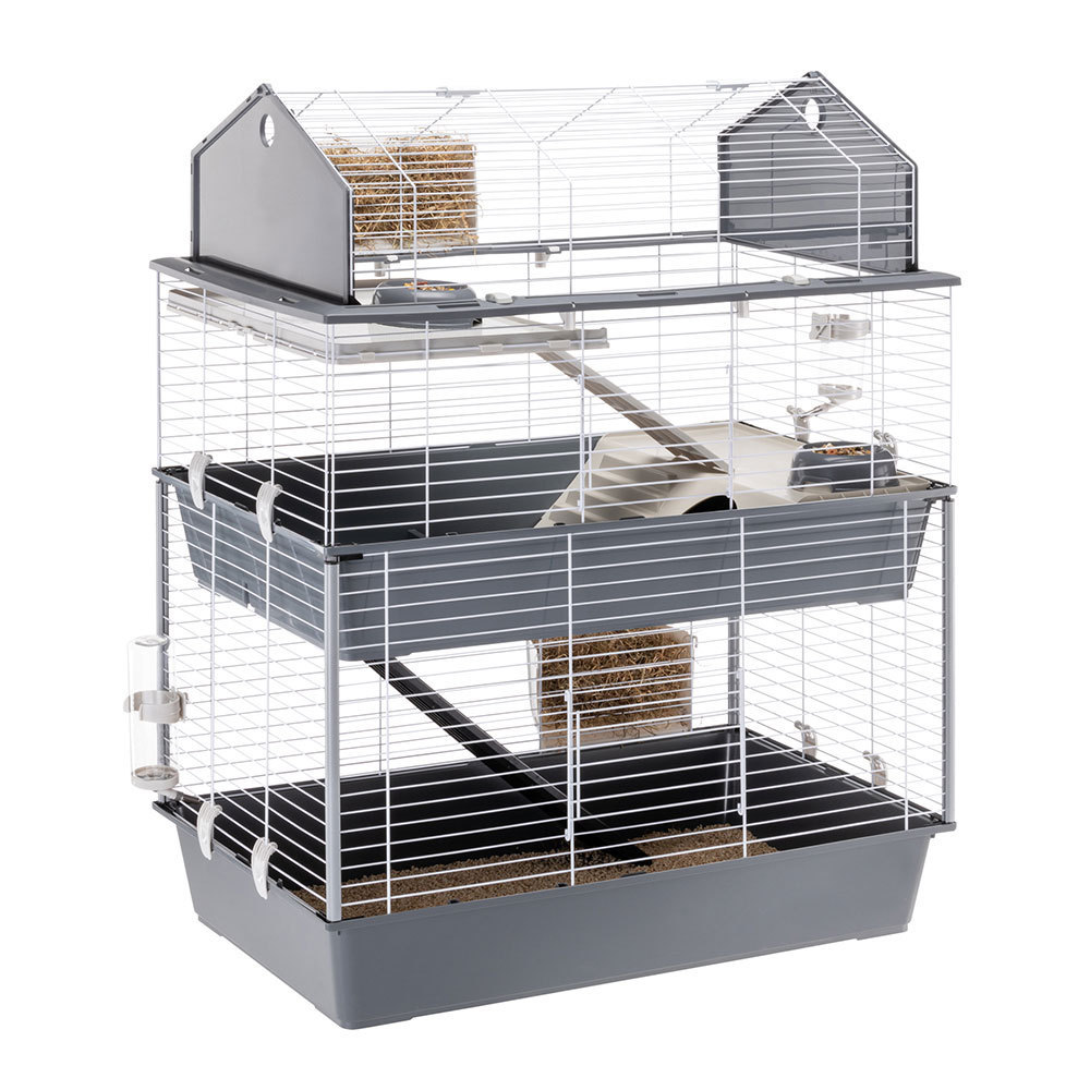 Ferplast BARN 100 DOUBLE Cage for Rabbits and Small Animals with 3 Floors, Opening Roof, Accessories and Stickers Included