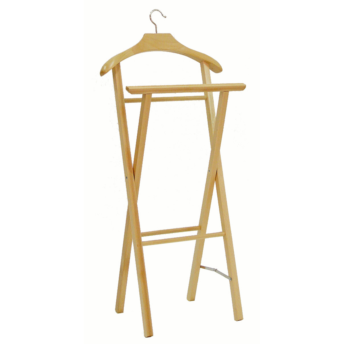 High quality Made in Italy folding valet stand in beech wood natural color with shaped hanger in&out for bedroom and closet