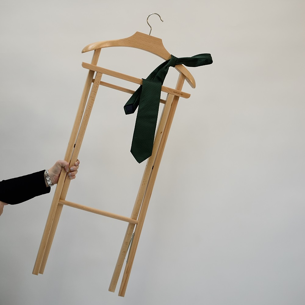 High quality Made in Italy folding valet stand in beech wood natural color with shaped hanger in&out for bedroom and closet