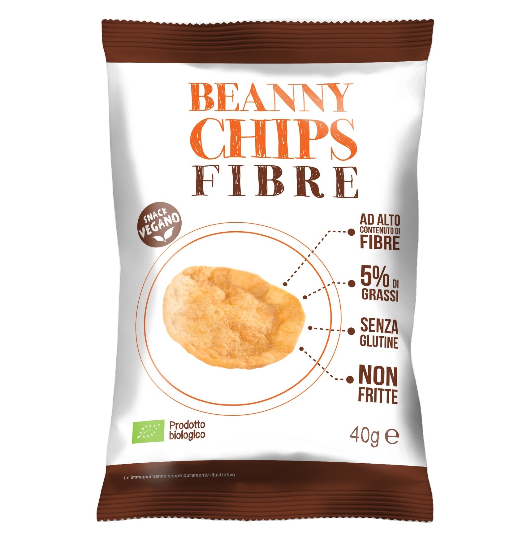 Italian Beanny Chips Fiber 40g not fried organic and gluten free made with potatoes, brown lentils and sunflower oil