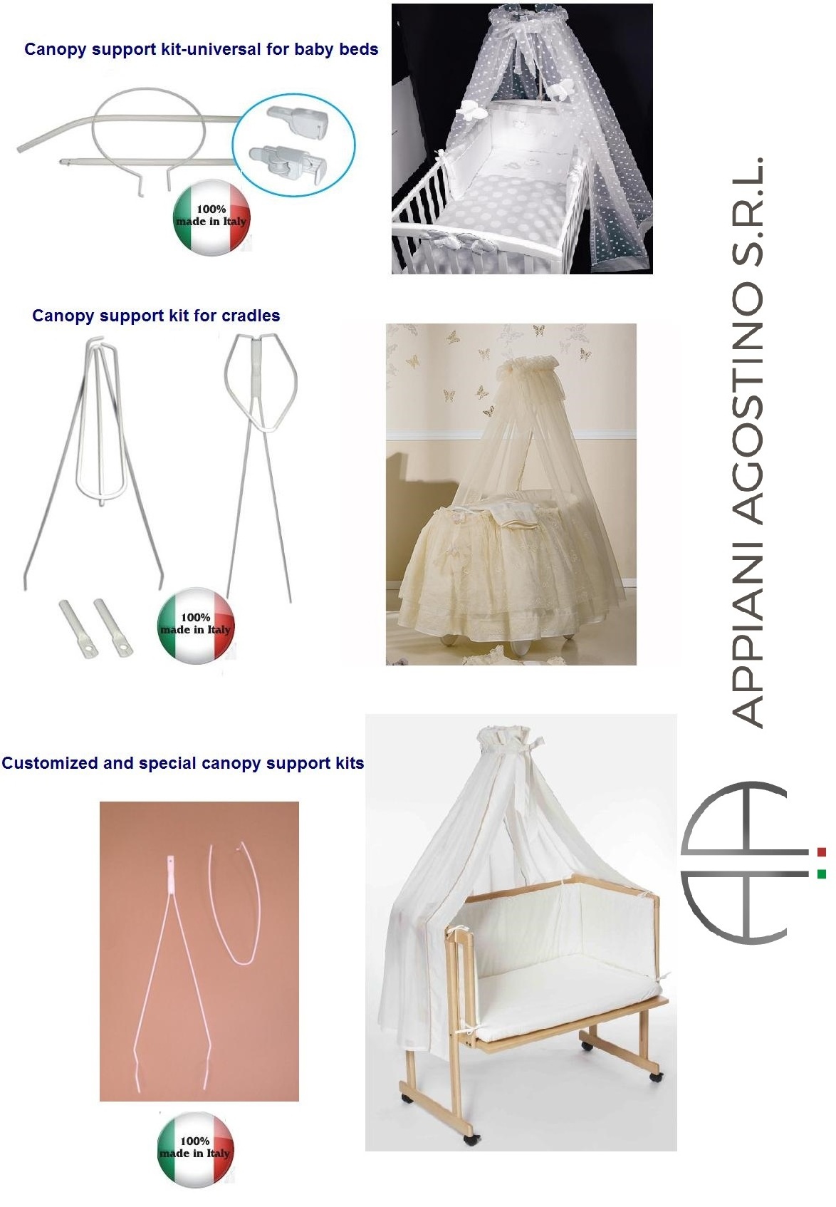 100% Italian Made Bed Canopy Structure Metal Pole and Hanging Clips Painted White or Cream for Children Room Bed or Crib